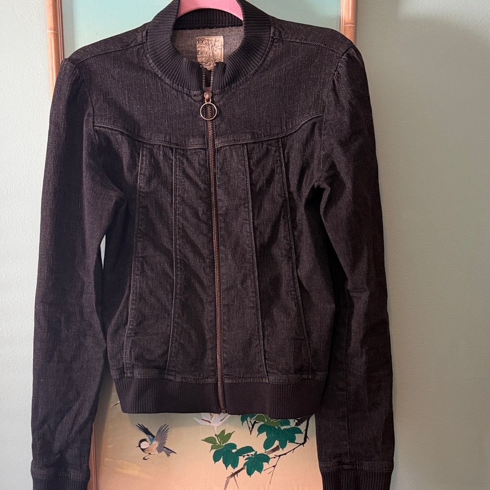 Tulle Anthropologie Black denim  Women's Bomber Jacket with Zip Front